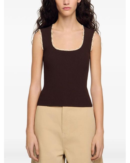 Sandro Brown Crochet Detail Knit Top