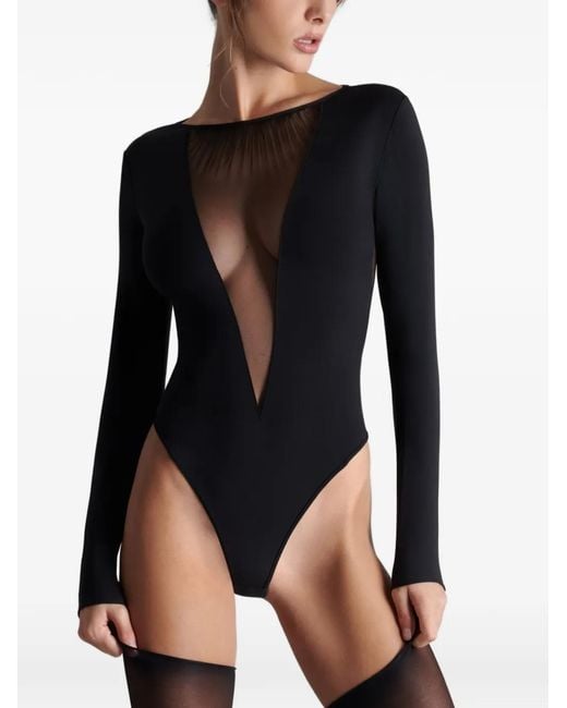 Scandale Black Nuit Fauve Mesh-Panel Thong Bodysuit