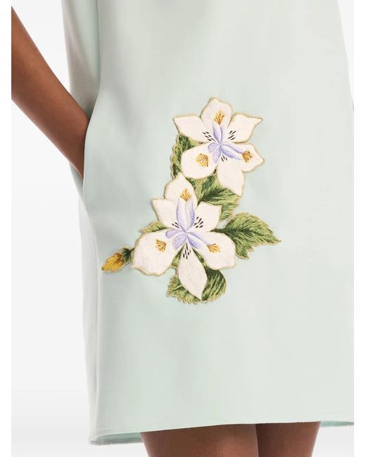 Oscar de la Renta White Dominican Mixed-Floral Threadwork Shift Dress