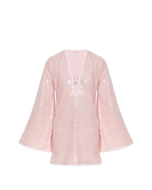 Oseree Pink O Gem Sequin-Embellished Bell-Sleeves Mini Dress