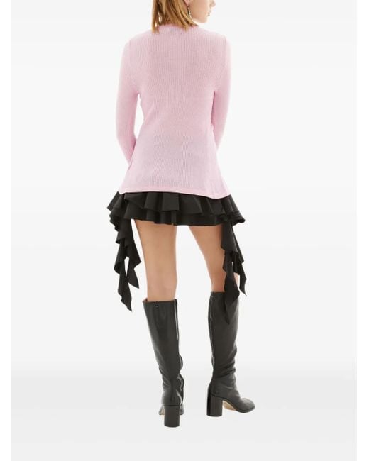 Blumarine Pink Rose-Embellished Ribbed Cardigan