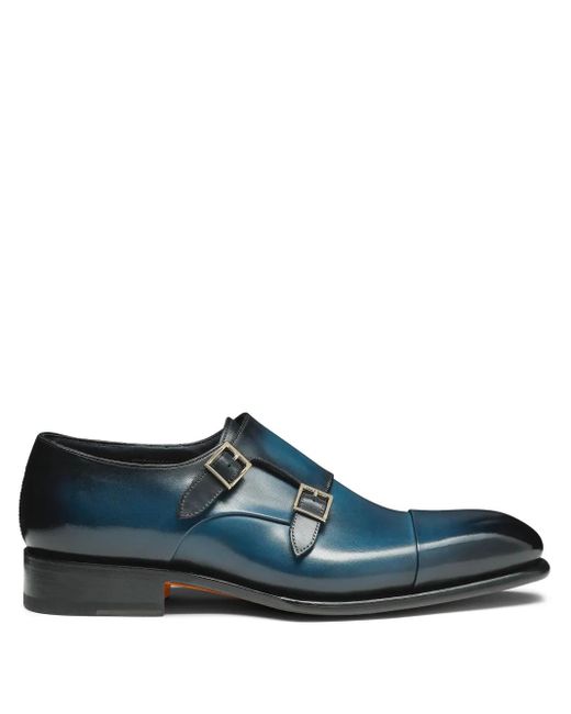Santoni Blue Leather Monk Shoes for men