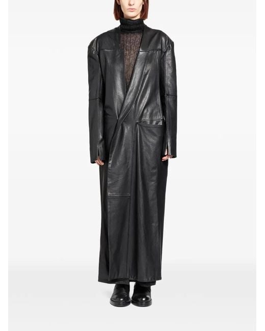 Yehuafan Black Double-Breasted Leather Coat