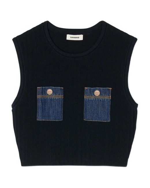 Sandro Black Denim-Pockets Sleeveless Top