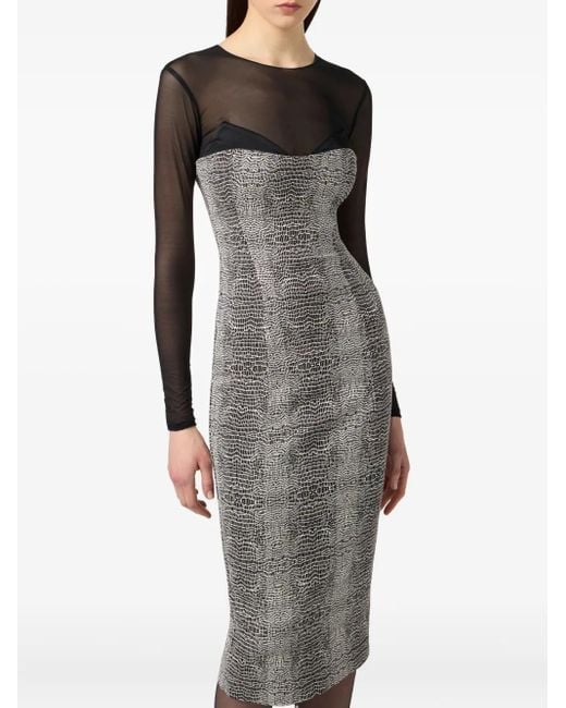 Elisabetta Franchi Gray Python-Print Mesh-Insert Midi Dress