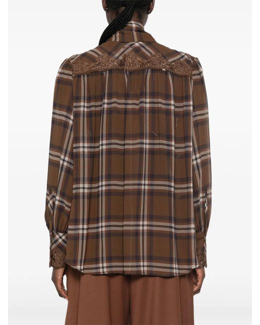 ERMANNO FIRENZE Brown Check-Print Lace-Trim Blouse