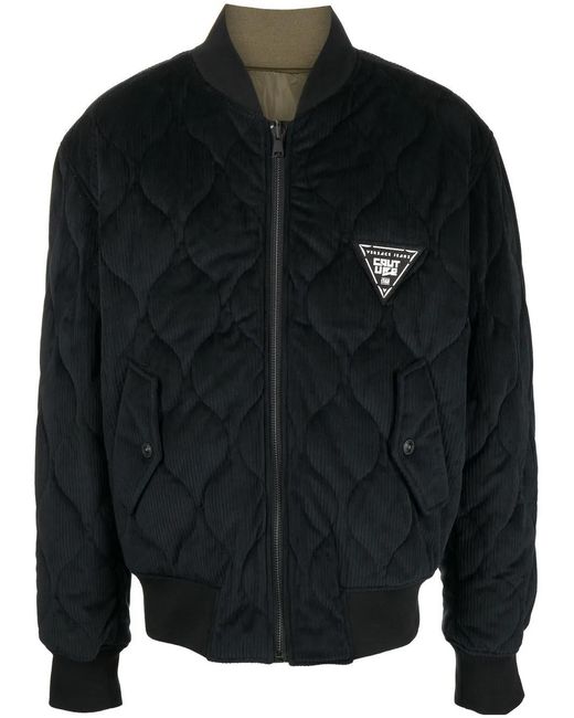 Versace Jeans Couture Black Logo-Patch Quilted Bomber Jacket for men