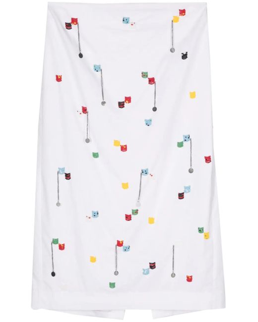 MSGM White Bead-Embellished Cotton Midi Skirt