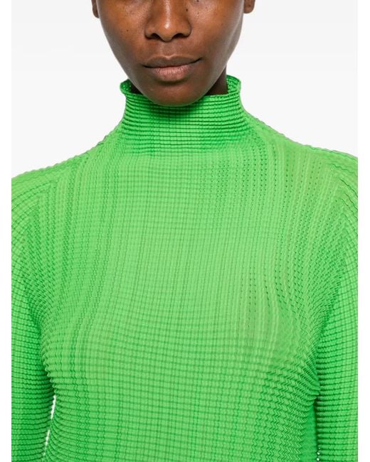 Issey Miyake Green Pleated High-Neck Blouse