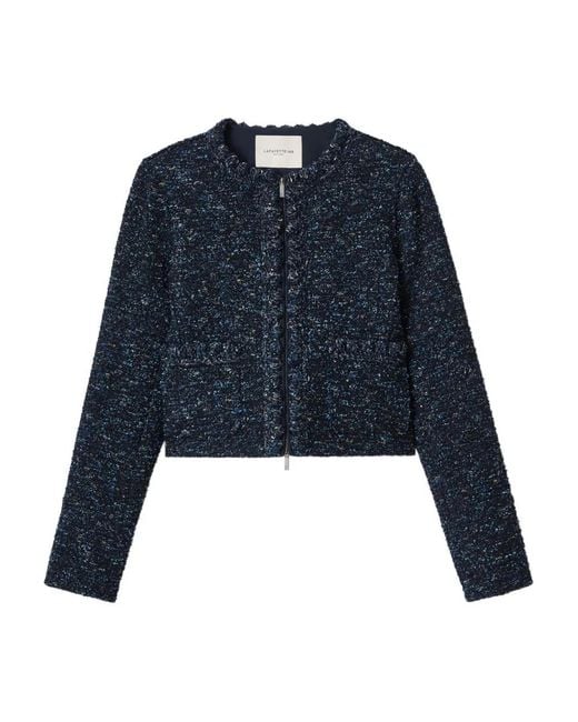 Lafayette 148 New York Blue Cosmos Zip-Up Bouclé Tweed Jacket