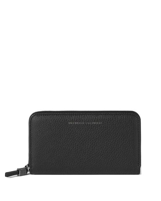 Brunello Cucinelli Black Grained Calfskin Wallet With Shiny Zipper Pull