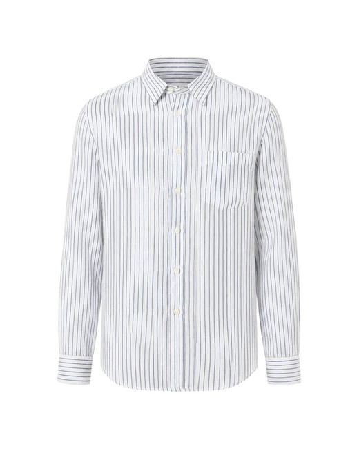 120% Lino White Vertical-Stripe Chest-Pocket Shirt for men