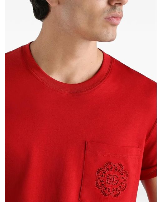 Dolce & Gabbana Red Cotton T-Shirt With Logo Embroidery for men
