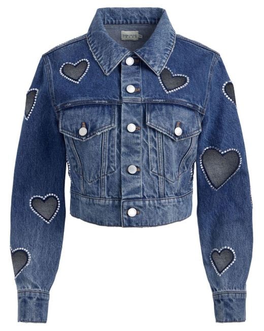 Alice + Olivia Blue Jeff Crystal-embellished Cropped Denim Jacket