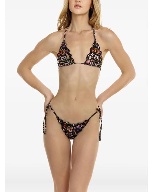 Agua Bendita Black Embroidered Ruffled Bikini Top