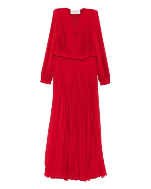 Valentino Garavani Red Pleated Long-Sleeve Dress