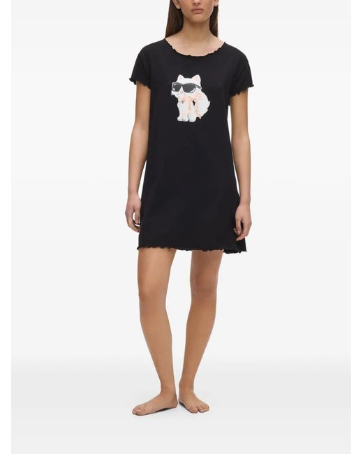 Karl Lagerfeld Black Robe De Pyjama Ikon Choupette En Coton À Nœud