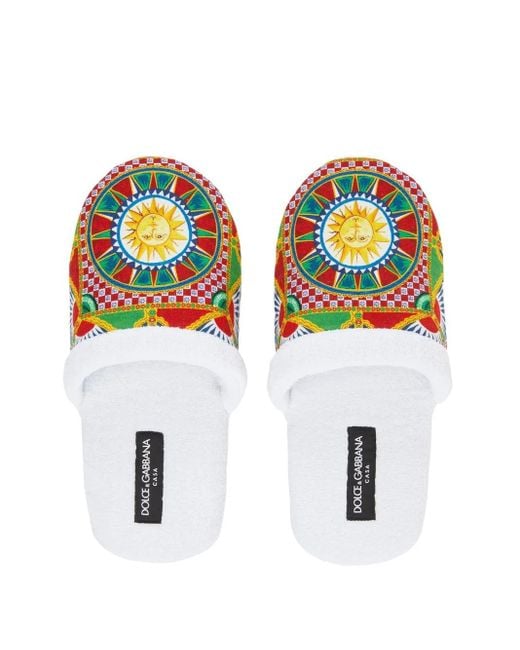 Dolce & Gabbana White Carretto Siciliano-Print Terry Slippers