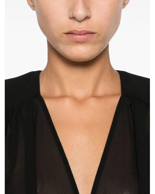 Elisabetta Franchi Black Deep V-Neck Sheer Sleeve Bodysuit