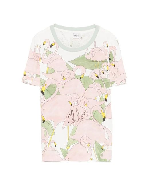 Chloé White Flamingo-Print T-Shirt