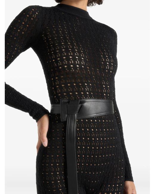 Manière De Voir Black Tiana Pointelle-Knit Long-Sleeve Jumpsuit With Belt