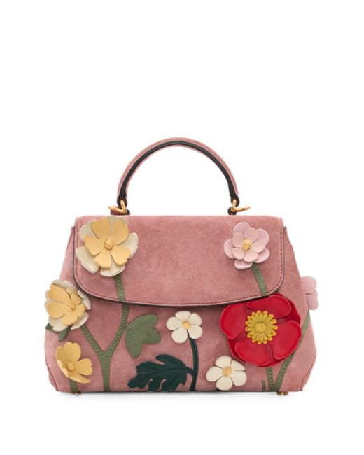 Oscar de la Renta Pink Mini Poppy Floral-Appliqué Suede Tote Bag