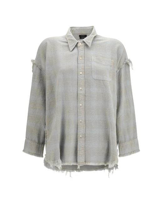 R13 Gray Check Frayed-Edge Shirt