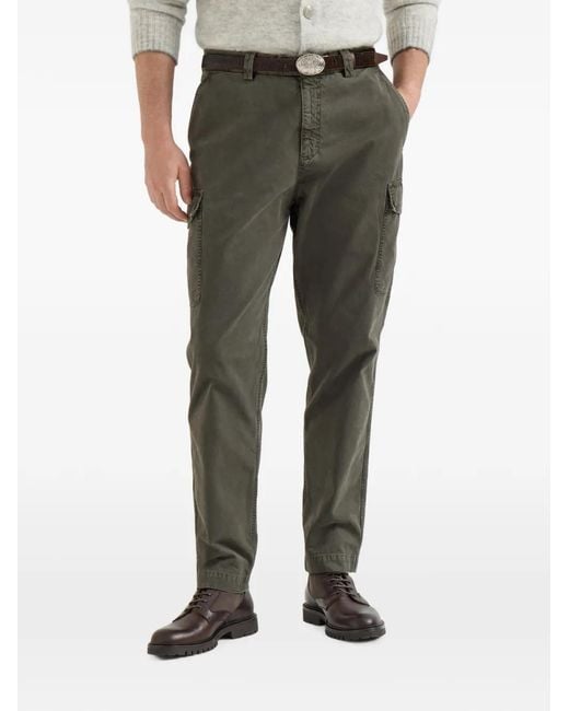 Brunello Cucinelli Gray Peached Cotton Gabardine Trousers With Cargo Pockets for men