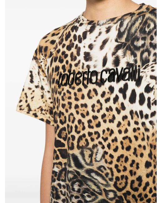 Roberto Cavalli Brown Leopard-Print Cotton T-Shirt
