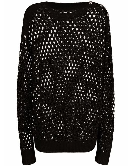 Philipp Plein Black Crystal-embellished Pointelle-knit Jumper