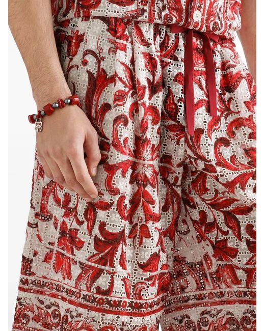 Dolce & Gabbana Red Majolica-Print Broderie Anglaise Lace Vanity Bermuda Shorts for men