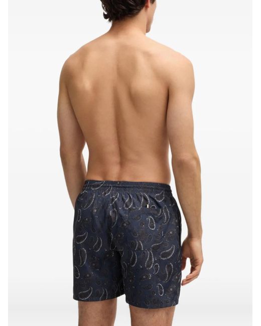 Boss Blue Paisley-Print Swim Shorts for men