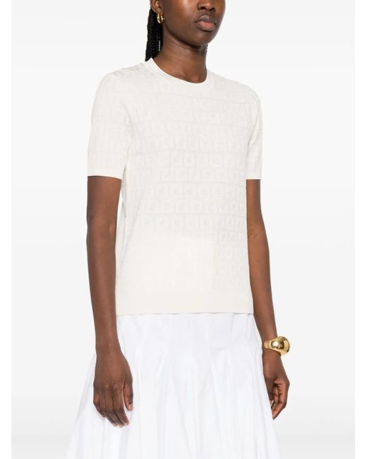 Fendi White Ff Cotton And Viscose Short Sleeved Jumper