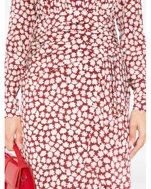 Alessandra Rich Red Floral-Print Draped Midi Dress