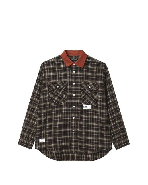Izzue Black Check-Pattern Corduroy-Collar Shirt for men