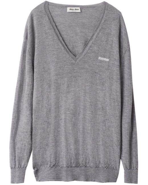 Miu Miu Gray V-Neck Cashmere Sweater