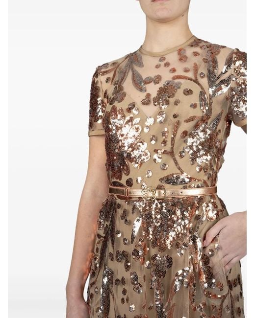 Elie Saab Midi-Jurk Met Borduurwerk in het Natural