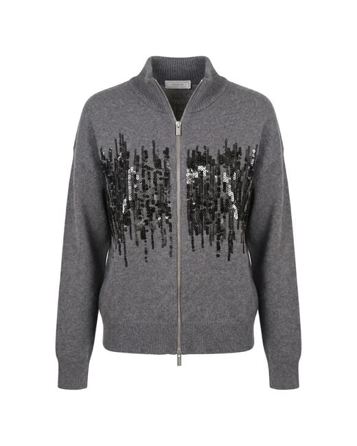 Peserico Gray Sequin-Embellished Zip-Up Cardigan