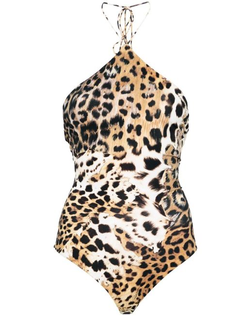 Roberto Cavalli White Jaguar Skin-print Halterneck Bodysuit