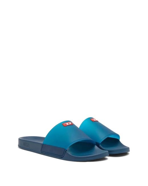 DIESEL Blue Sa-Swim Logo-Patch Slides for men