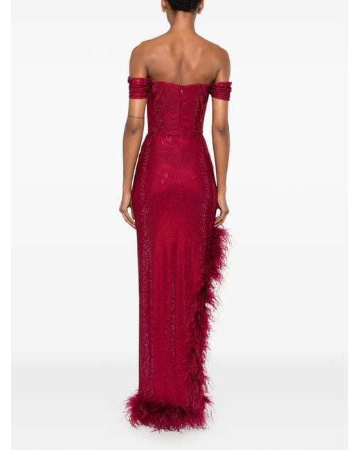 Miron Red Crystal-Embellished Feather-Trim Maxi Dress
