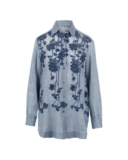 Ermanno Scervino Blue Floral-Embroidered Long-Sleeve Shirt