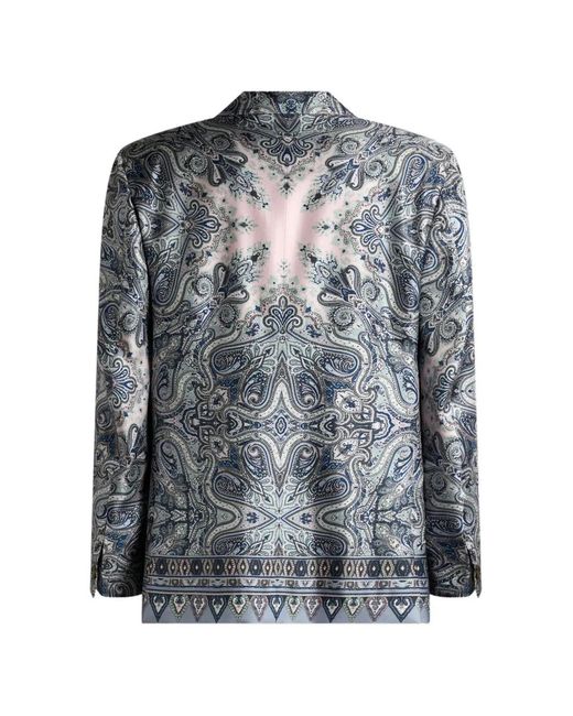 Etro Blue Single-Breasted Silk Jacket With Placed Pocket-Square Paisley Print for men