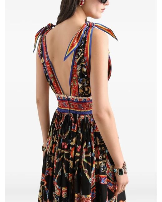 Dolce & Gabbana White Carretto-Print Long Poplin Dress