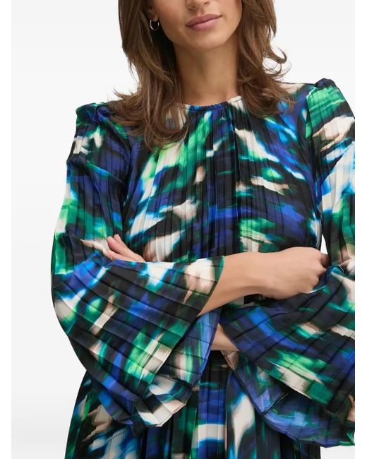 DKNY Blue Pleated Abstract-Print Mini Dress