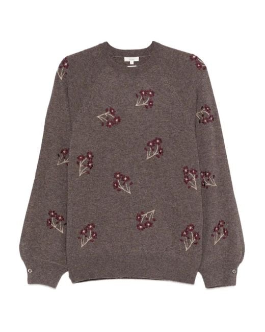 Yerse Brown Floral-Embroidered Crew-Neck Sweater