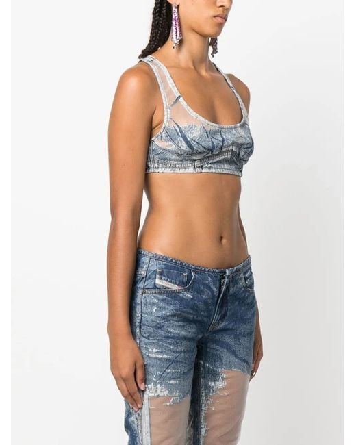 DIESEL Gray Denim-Patchwork Mesh Top
