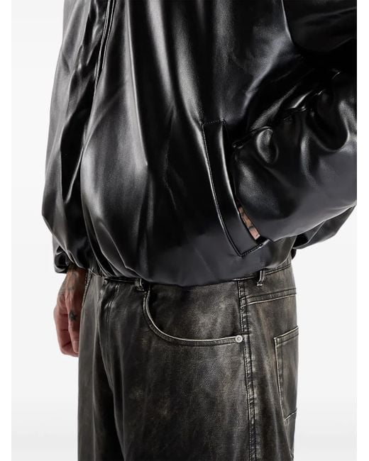 M I S B H V Black Faux-Leather Puffer Bomber Jacket for men