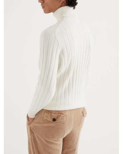 Brunello Cucinelli White Ribbed Cashmere Roll-Neck Knitted Sweater for men