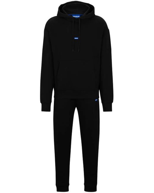 HUGO Black Logo-Appliqué Cotton Hoodie for men
